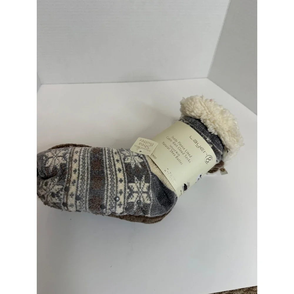 Layer 8 Teddy Fleece Lined Cable Knit Cloud Socks Shea Butter Infused 2-Pack OS